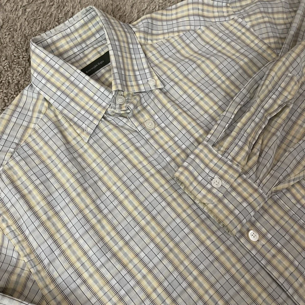 Ermenegildo Zegna Mens‎ M Plaid Shirt Yellow Gray Cotton Long Sleeve Button Up